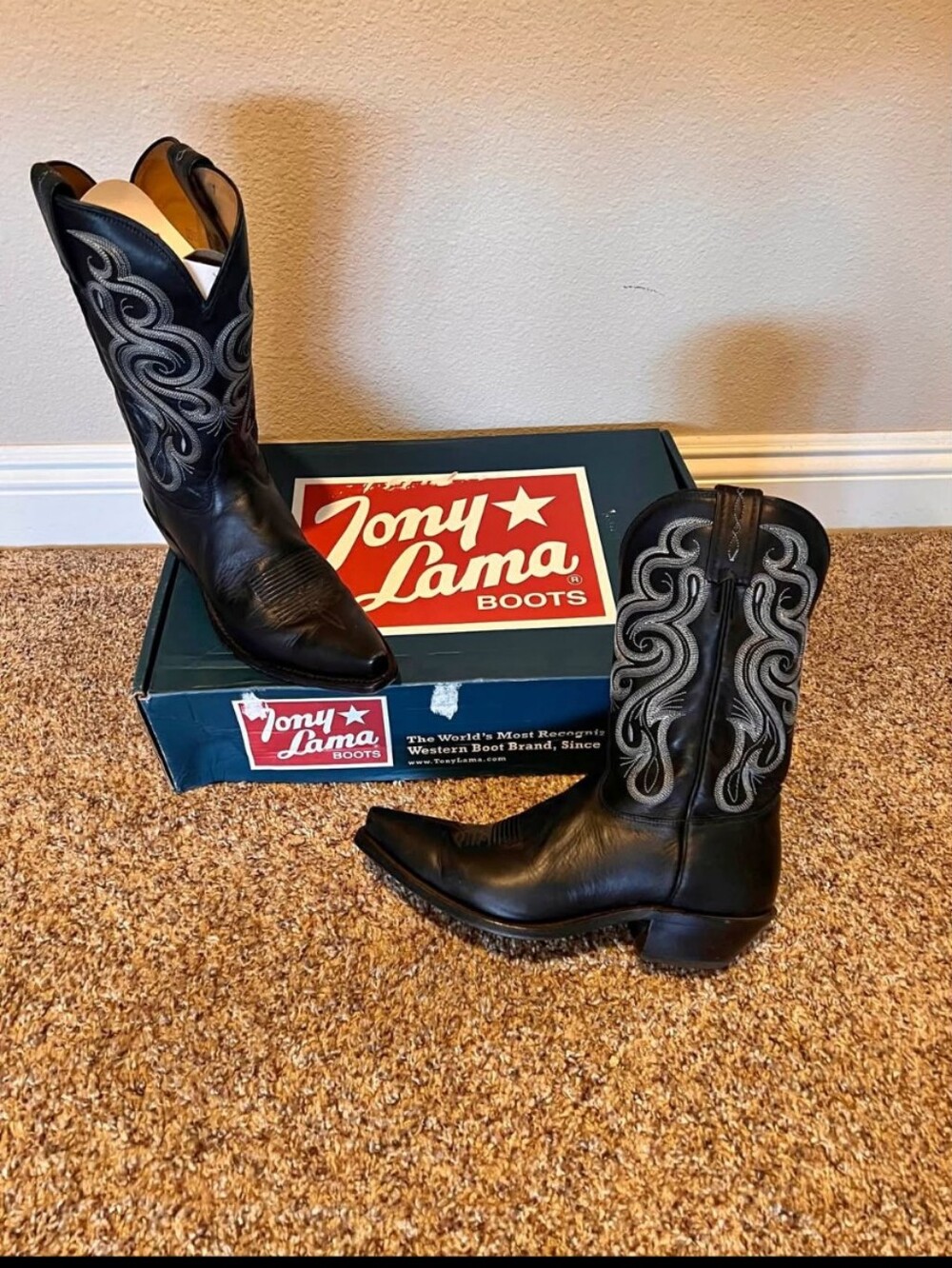 Tony Lama Black Leather Cowboy Boots with Gray Embroidery